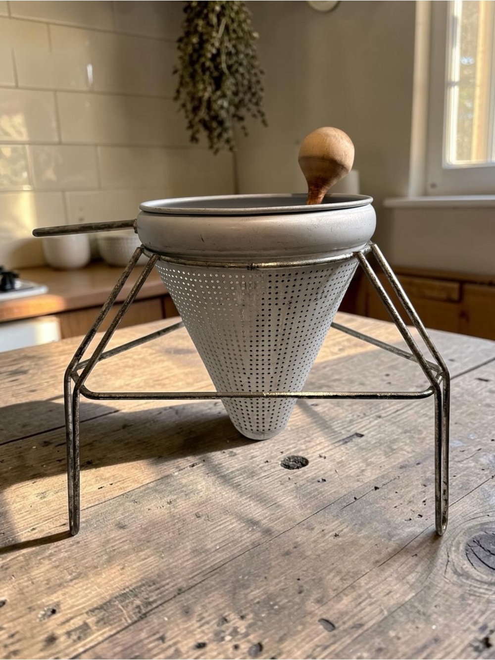 Vintage Metal Cone Strainer with Stand and Wooden Pestle.Meal Prep. 3 pieces